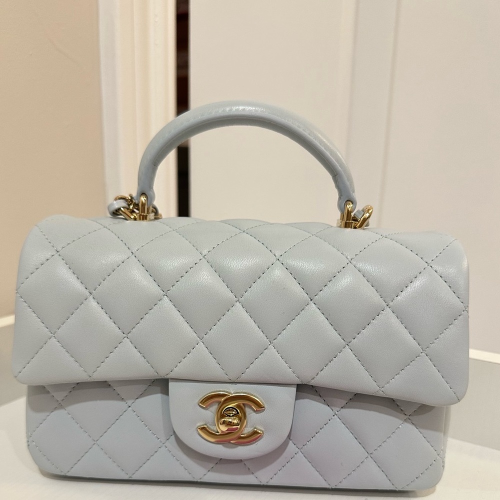 21k chanel ice baby blue mini rectangle flap with handle and GHW
